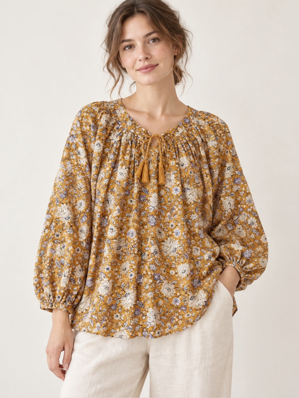 Old Navy Woman Mustard Yellow Dainty Floral Relax Balloon Sleeve Peasant Top SM